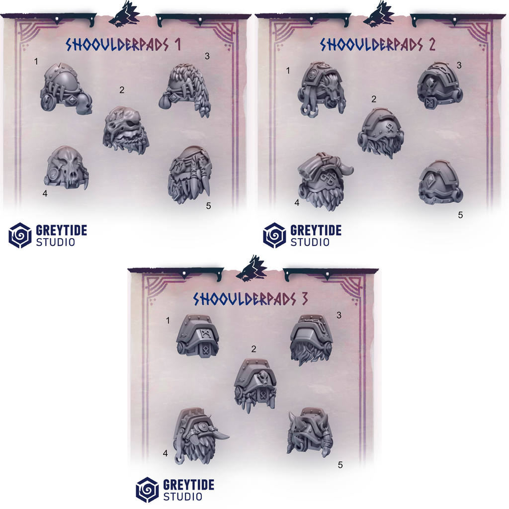 Shoulder Pads ornamented with fur, animal skulls and tusks. Suitable for any grimdark future space knights with viking descent.