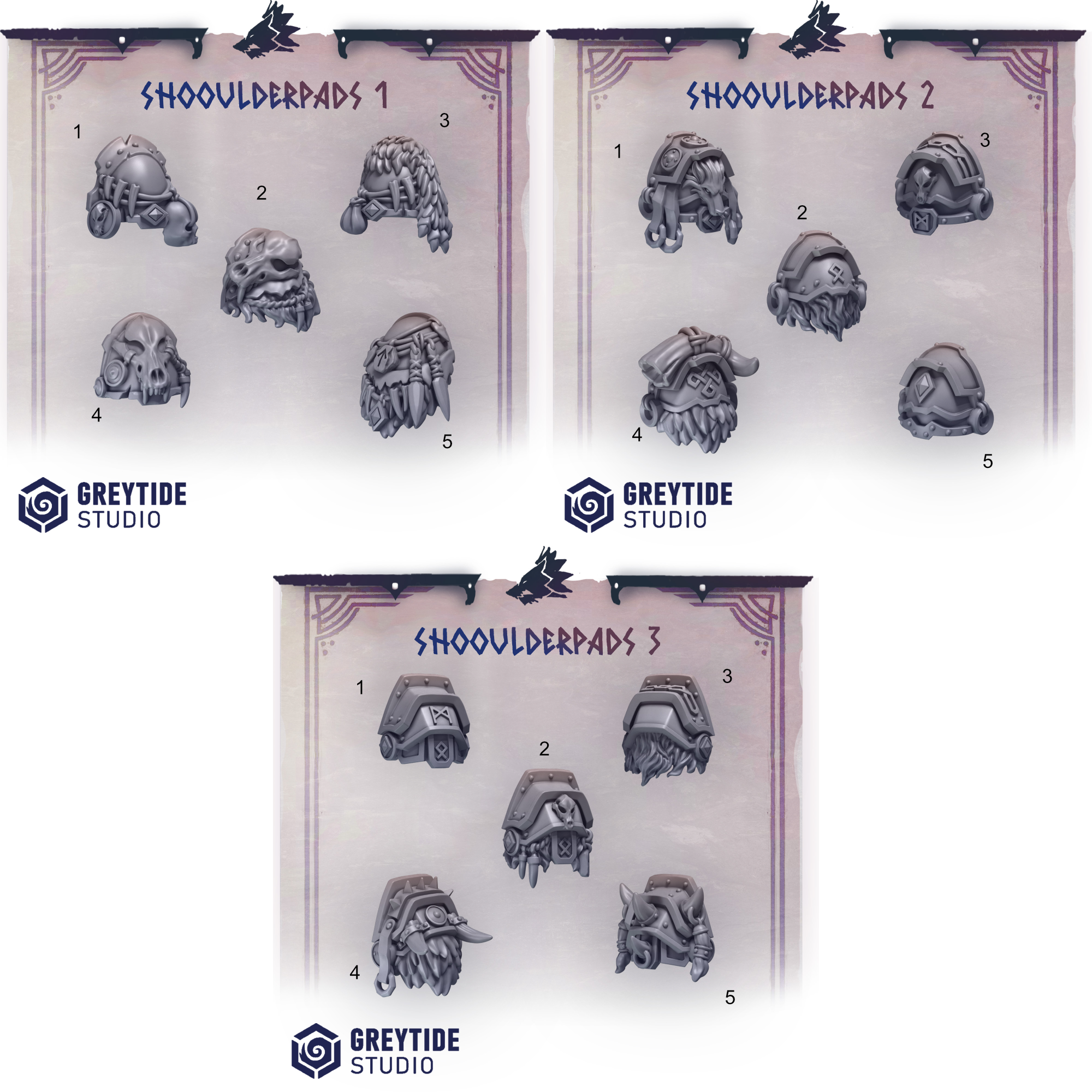 Shoulder Pads ornamented with fur, animal skulls and tusks. Suitable for any grimdark future space knights with viking descent.