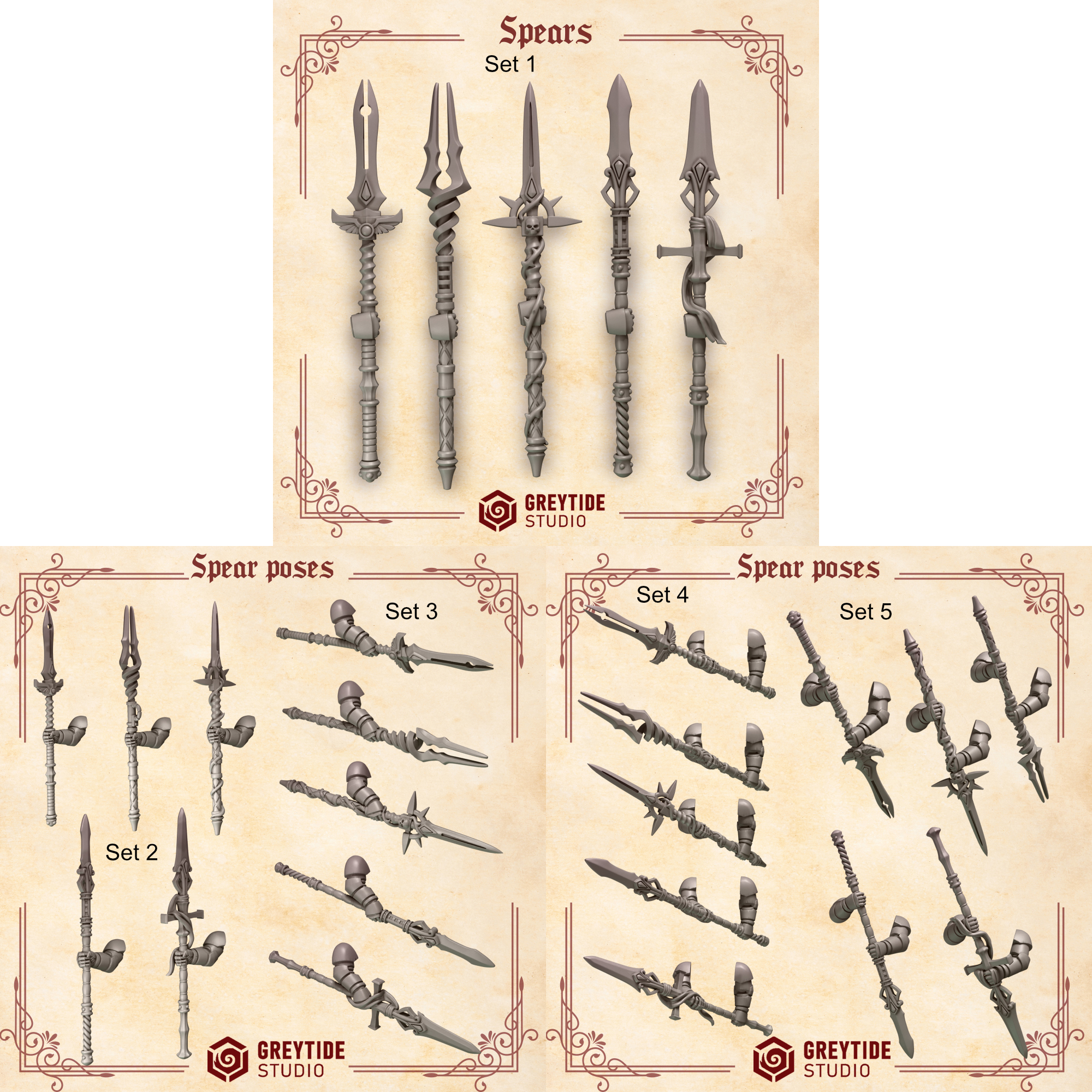 Image of five different sets of spears for angelic space knight grimdark marines of the far future.