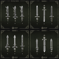 Power sowrds ornamented with eagle heads or skulls or crosses, suitable for grimdark marines.