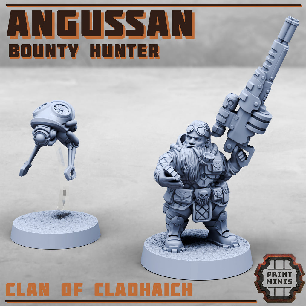Squat sci-fi dwarf with a big sniper rifle accompanied by a hovering drone.