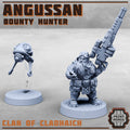 Squat sci-fi dwarf with a big sniper rifle accompanied by a hovering drone.