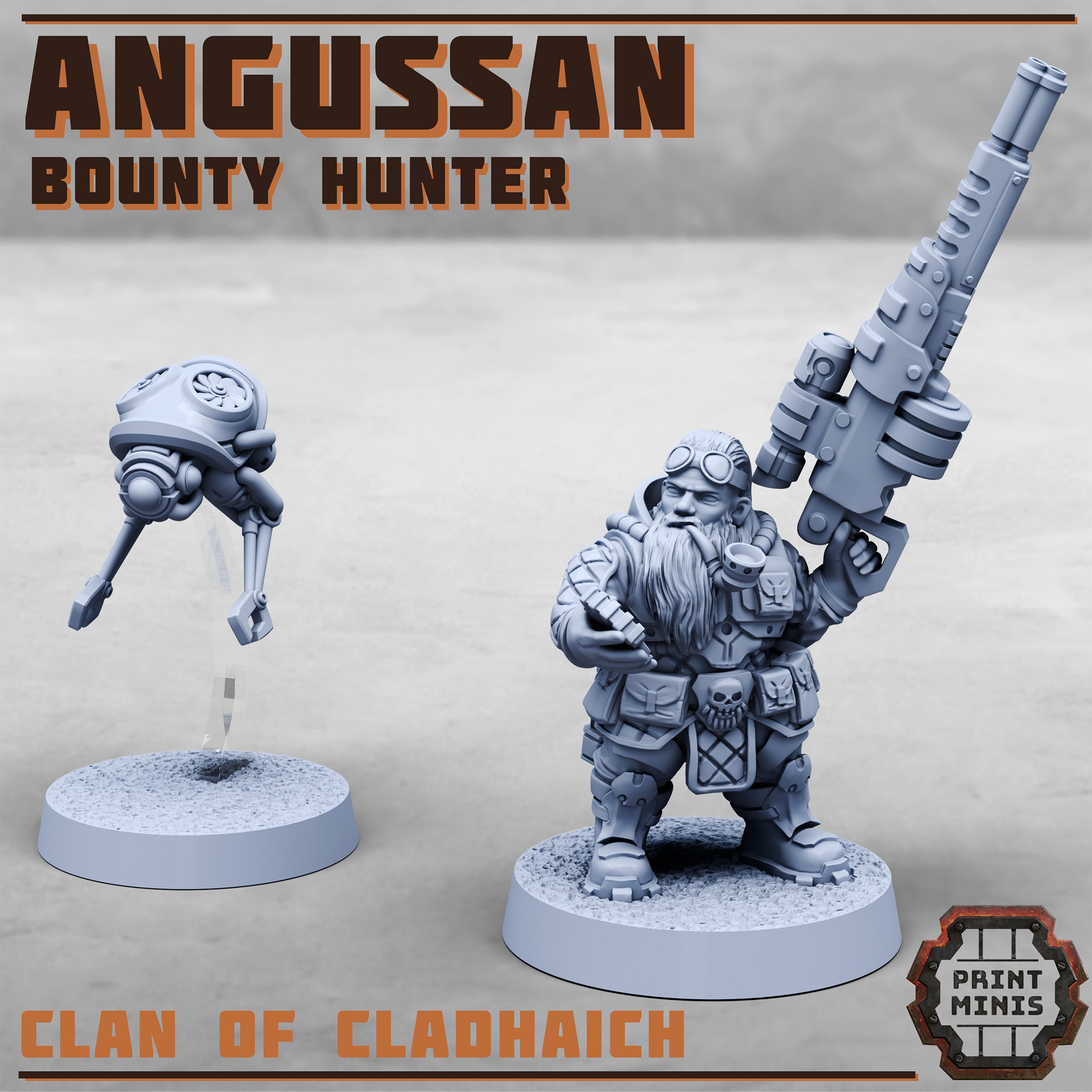 Squat sci-fi dwarf with a big sniper rifle accompanied by a hovering drone.