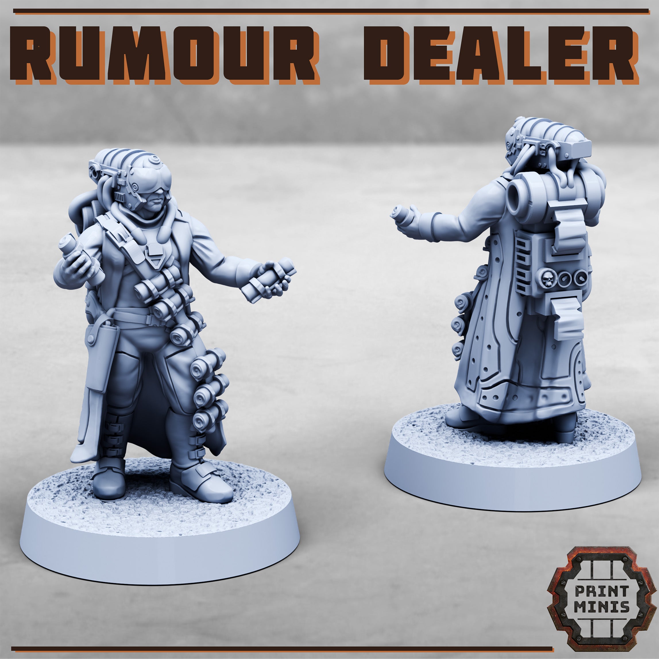A hang around dealer of rumours for your grimdark future cyberpunk games set under the mortalis hive. He holds a secret scroll full or rumours in each hand.