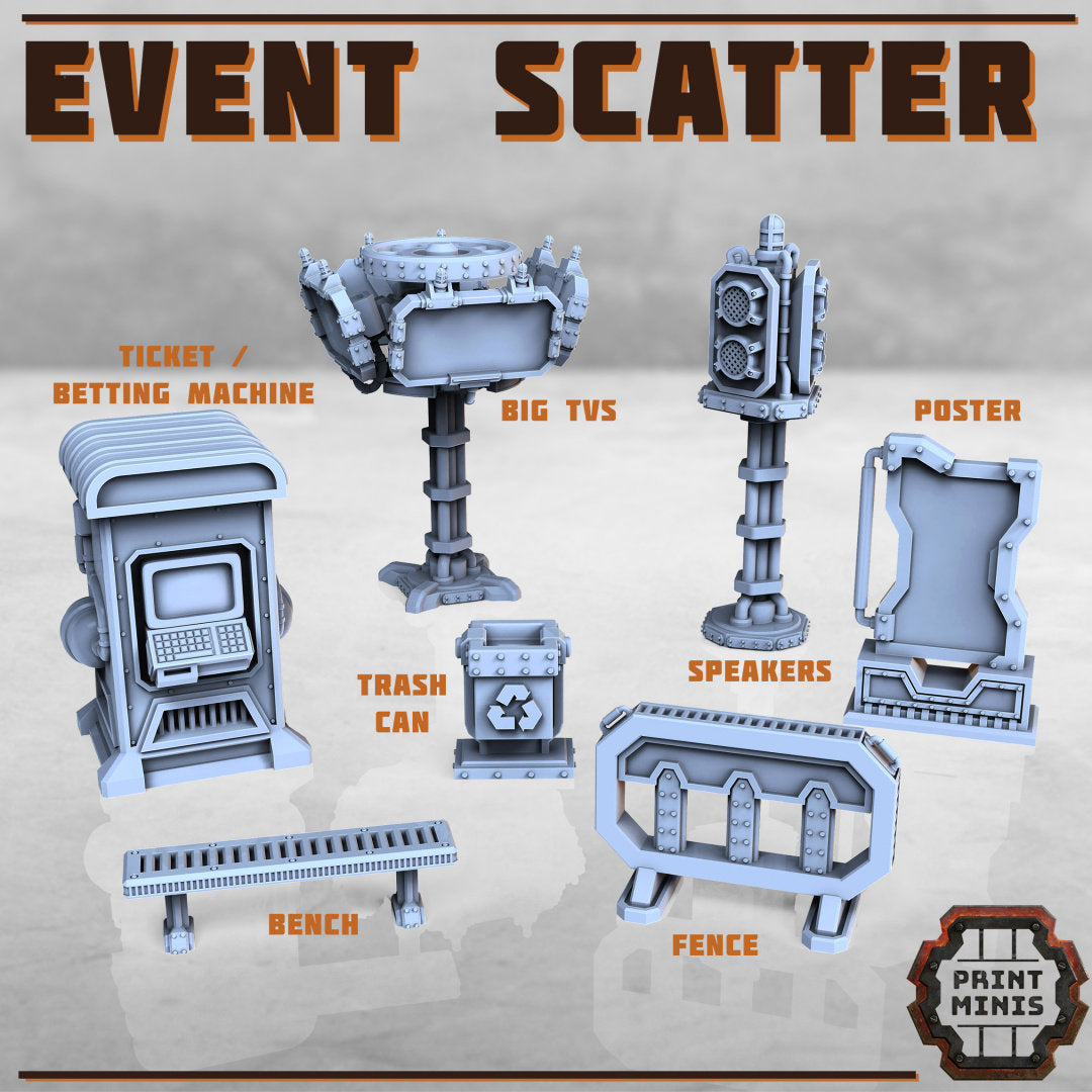 Set of miniature game pieces with labels on a neutral background