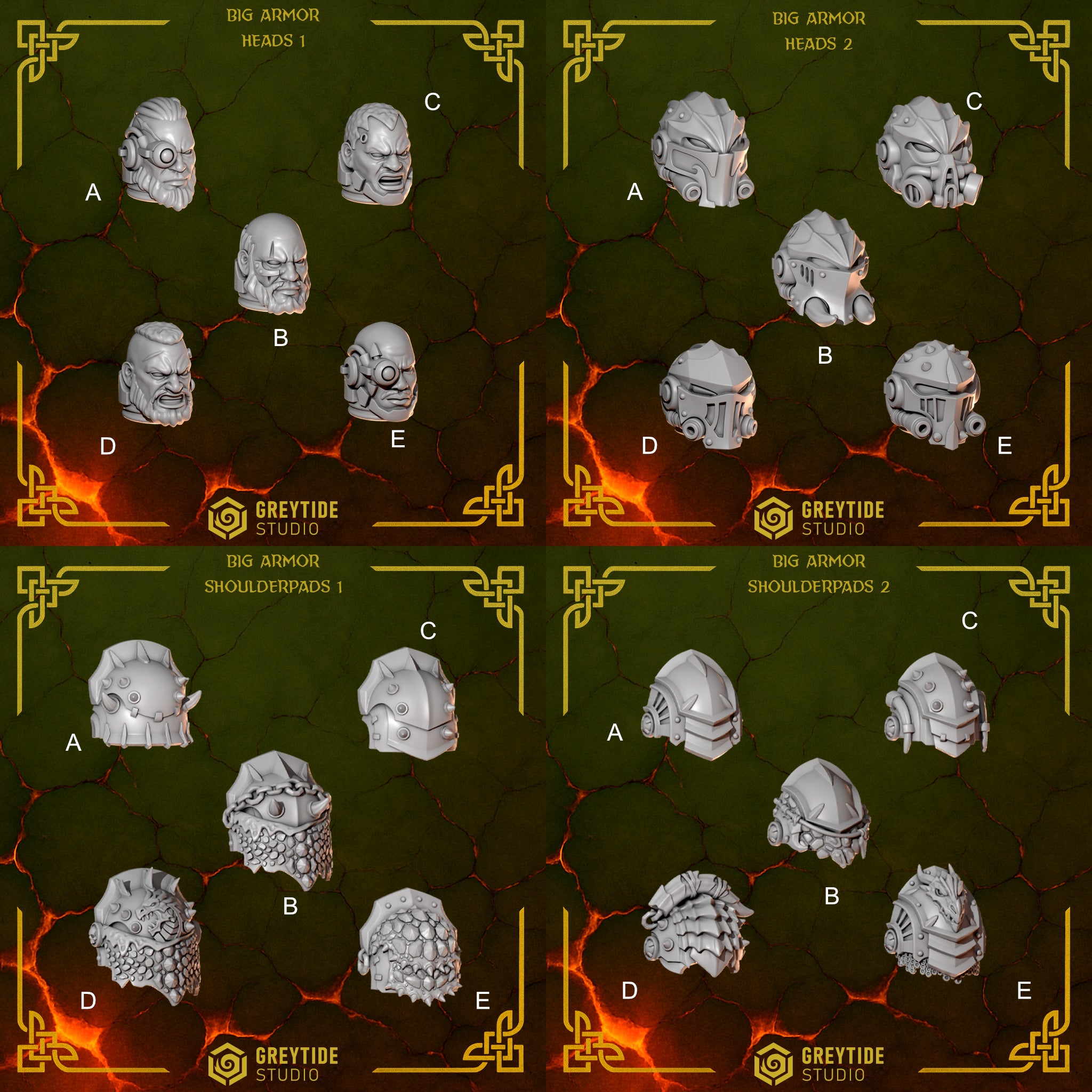 Image of the set of Anvil Wardens - 5x Big Armor Heads & Shoulder Pads - by Seaside Crow