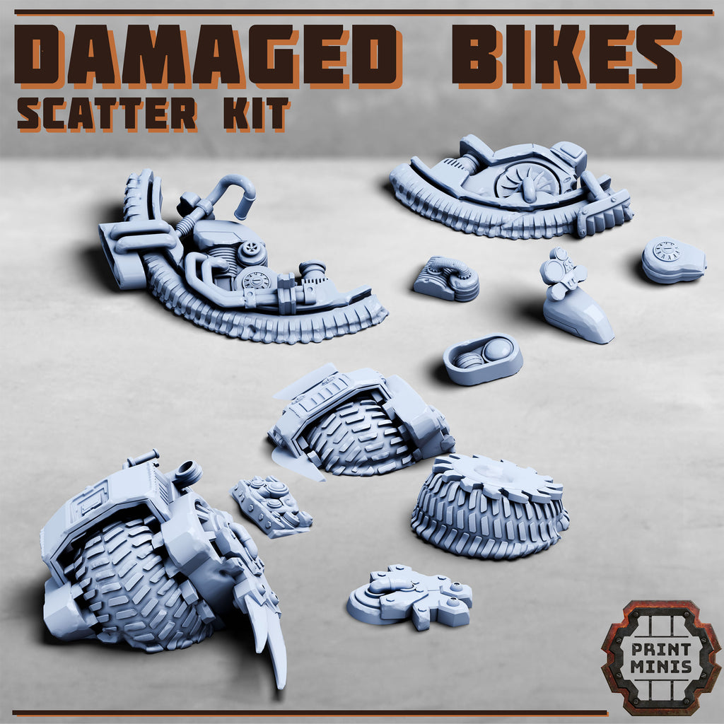 Three large, two medium, and six small pieces of crashed bikes. Suitable as cover and scatter terrain in your cyberpunk grimdark future games set under the mortalis hive.