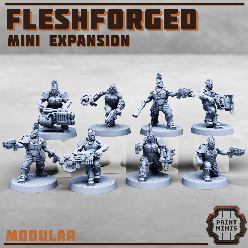 Muscular Fleshforged gangers with a variety of light and heavy weapons, for your grimdark future games of under the mortalis hive.