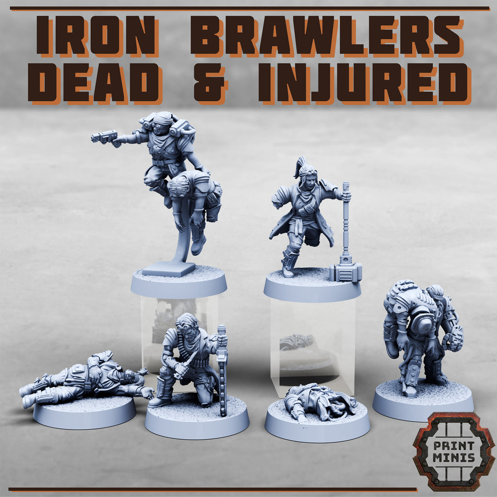 Dead and injured Iron Brawler gangers for your cyberpunk grimdark future games under the mortalis hive.