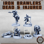 Dead and injured Iron Brawler gangers for your cyberpunk grimdark future games under the mortalis hive.