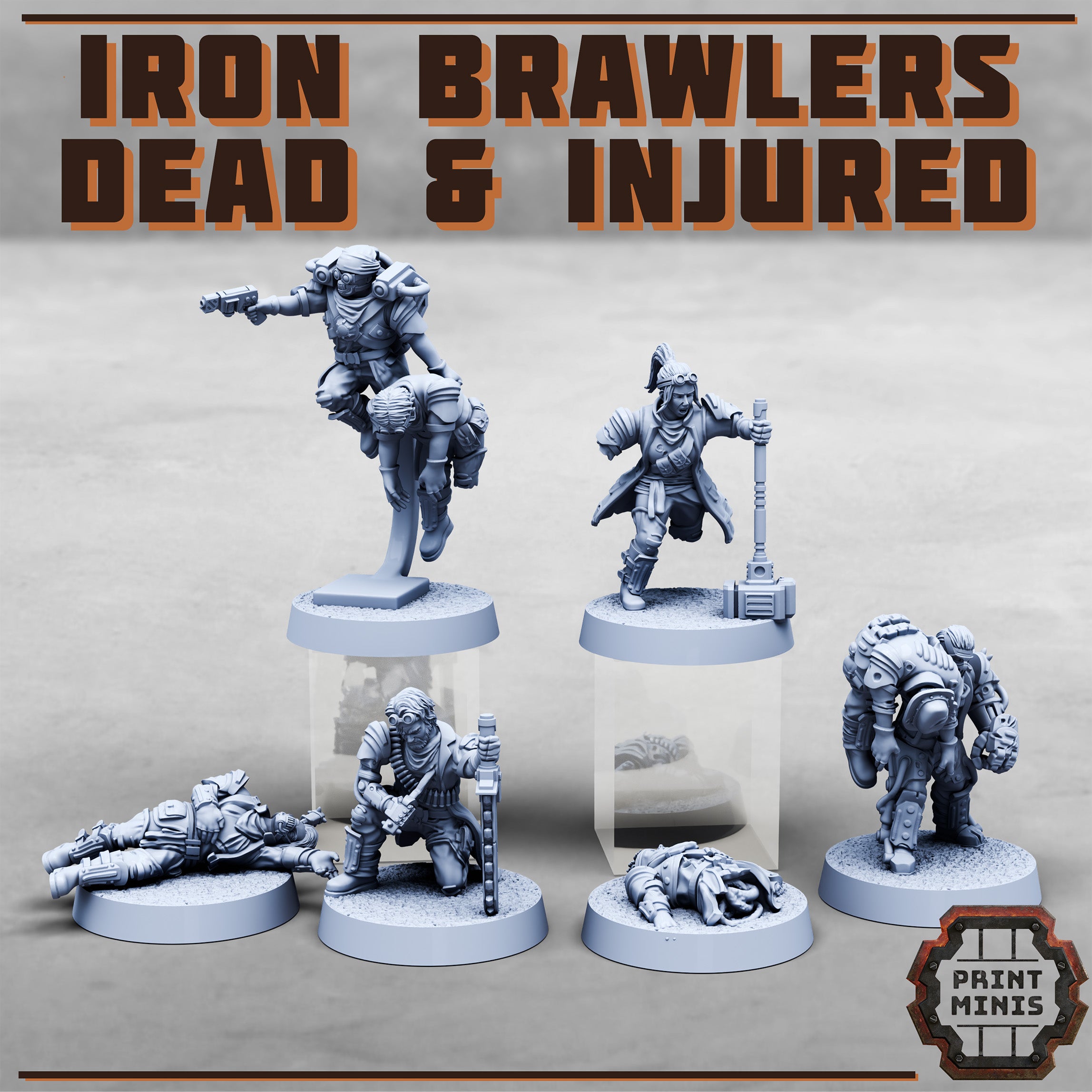 Dead and injured Iron Brawler gangers for your cyberpunk grimdark future games under the mortalis hive.