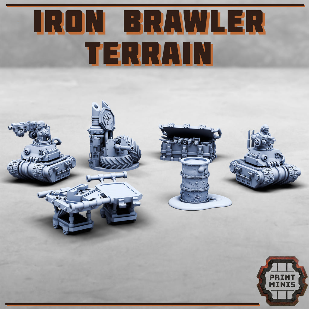 A complete set of Iron Brawler terrain, including Iron Sentries with bolt cannons, shotgun trap, iron totem, toxic barrel, and tool tables.