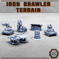 A complete set of Iron Brawler terrain, including Iron Sentries with bolt cannons, shotgun trap, iron totem, toxic barrel, and tool tables.