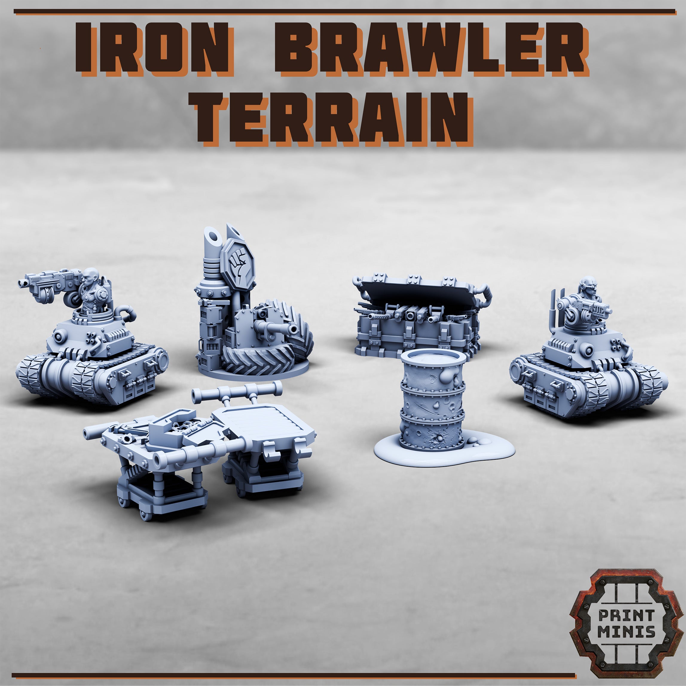 A complete set of Iron Brawler terrain, including Iron Sentries with bolt cannons, shotgun trap, iron totem, toxic barrel, and tool tables.