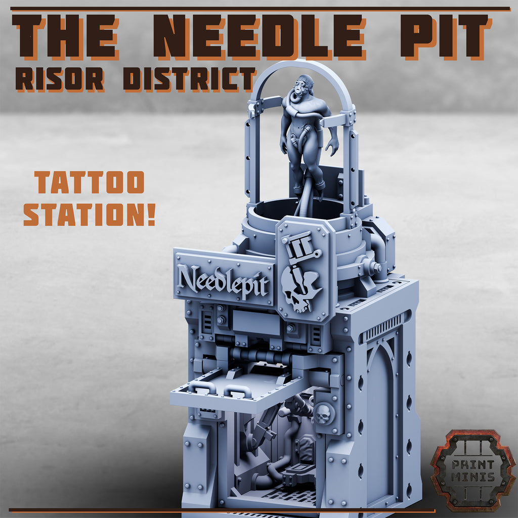 Tattoo station model with 'The Needle Pit' branding on a gray background