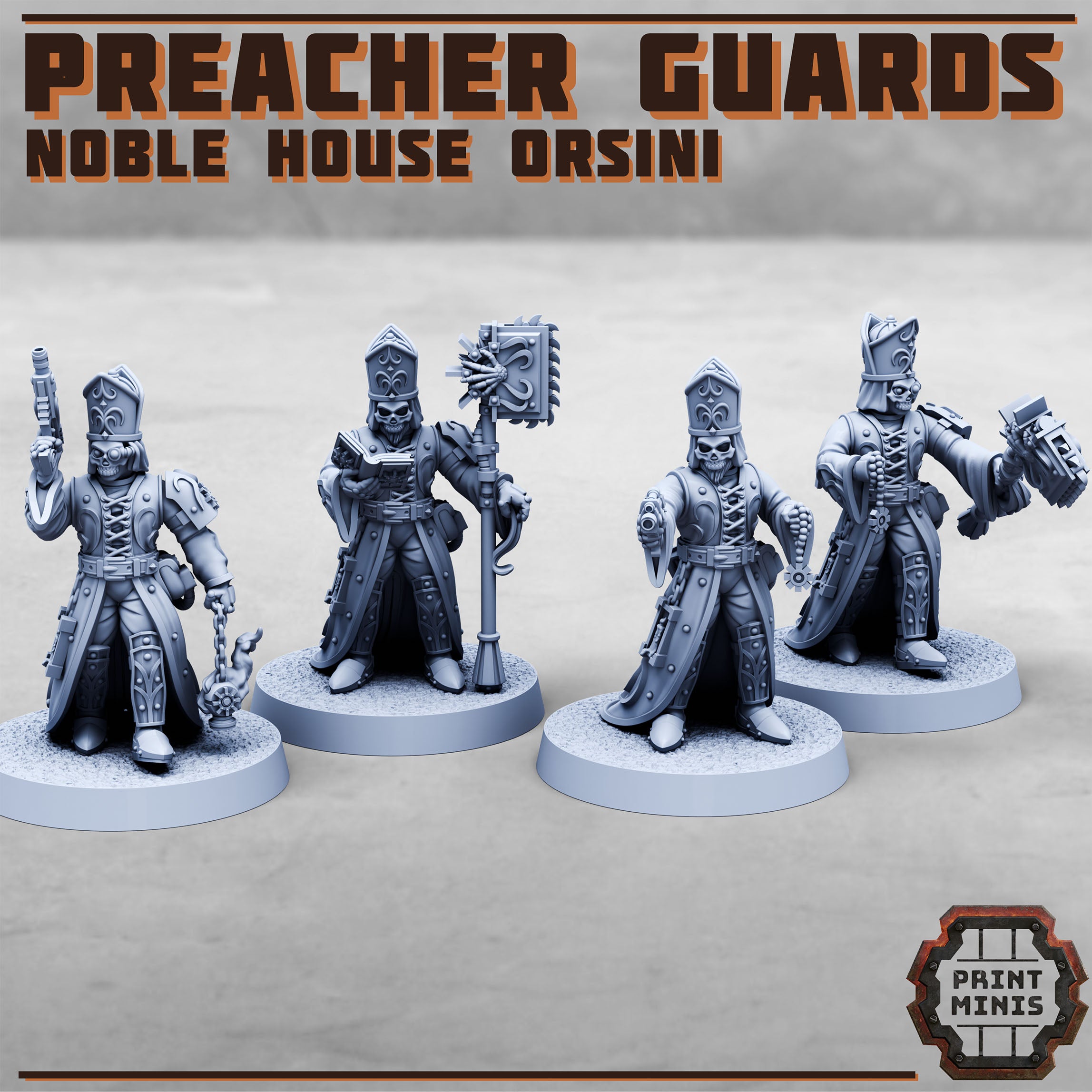 Grim skull-masked guards with chain-axes, relics and pistols for your grimdark future cyberpunk game under the mortalis hive.