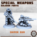 Imperial Guard guardsmen with sniper rifles. One is looking through a binocular and the other is taking aim sitting down.